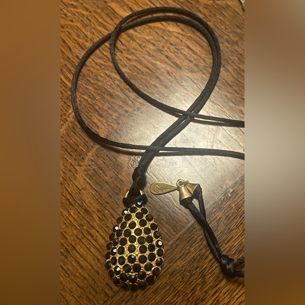 Goldtone and Black Rhinestone Corded Pendant Necklace
